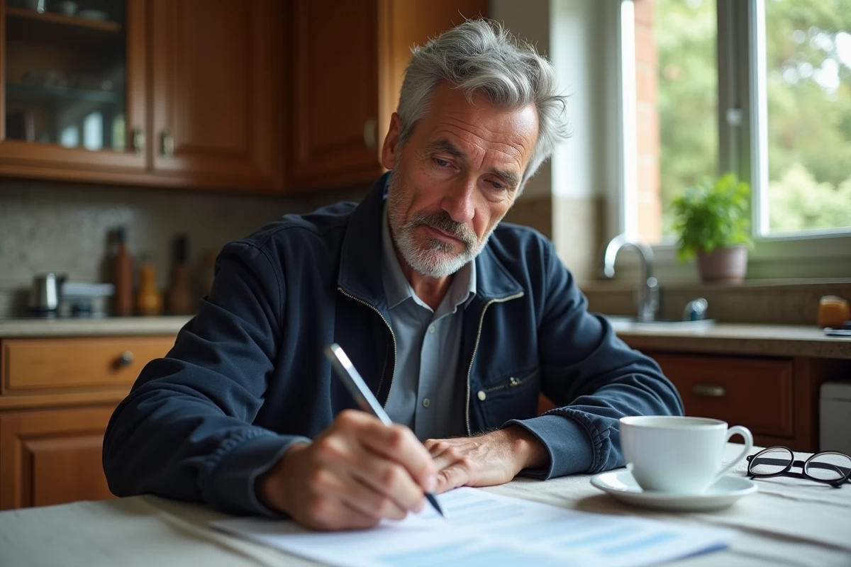 Homme lisant les conditions d'un chèque différé Leclerc sur des documents imprimés à la maison