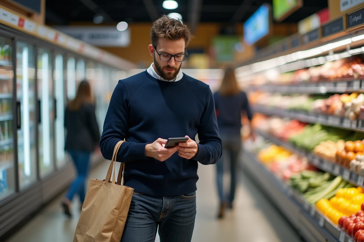 Homme en pull marine faisant ses courses dans un supermarché et vérifiant les prix, illustrant la gestion du budget quotidien avec un salaire annuel de 40000 euros brut