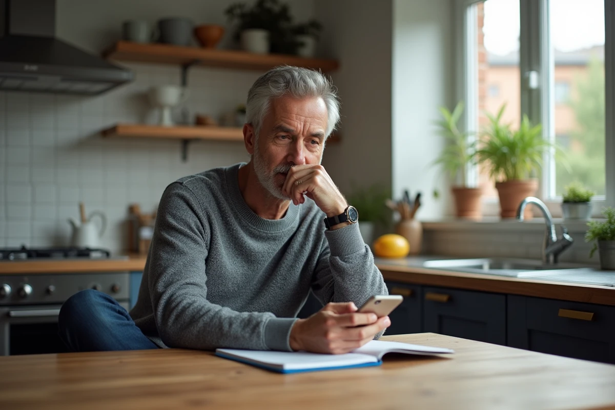 Homme détendu utilisant son smartphone dans une cuisine moderne
