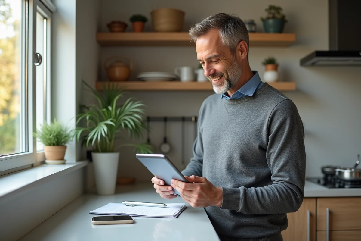Homme en cuisine utilisant une tablette pour consulter ses comptes