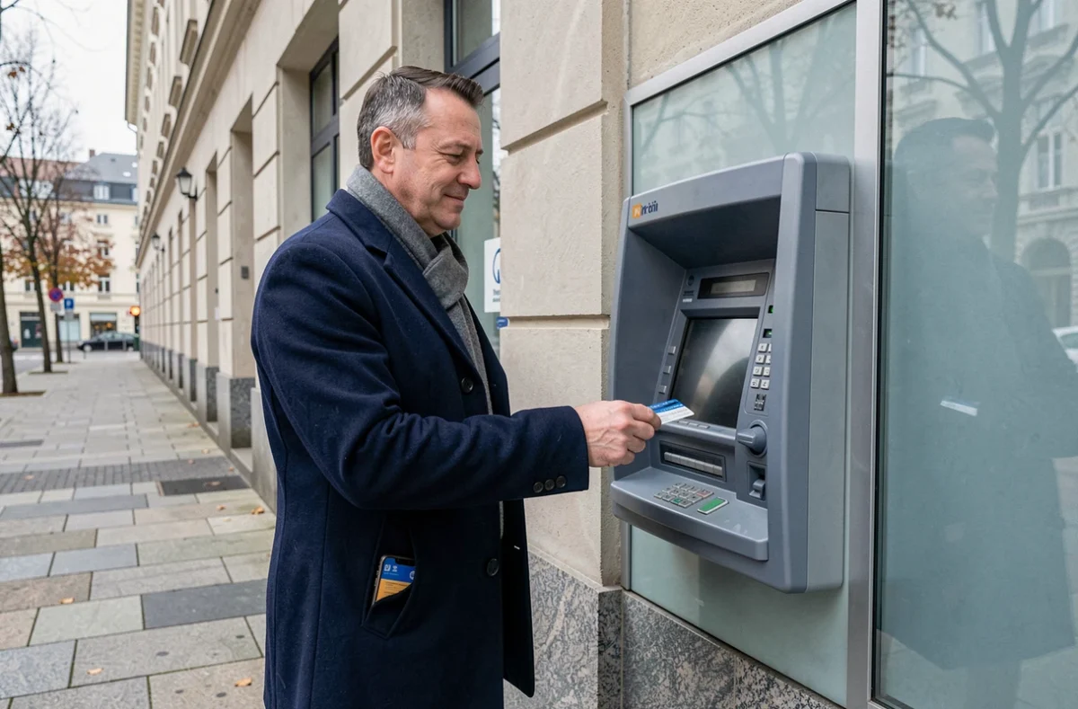 Homme retirant de l'argent à un distributeur de billets en ville après avoir localisé le DAB sur une carte en ligne
