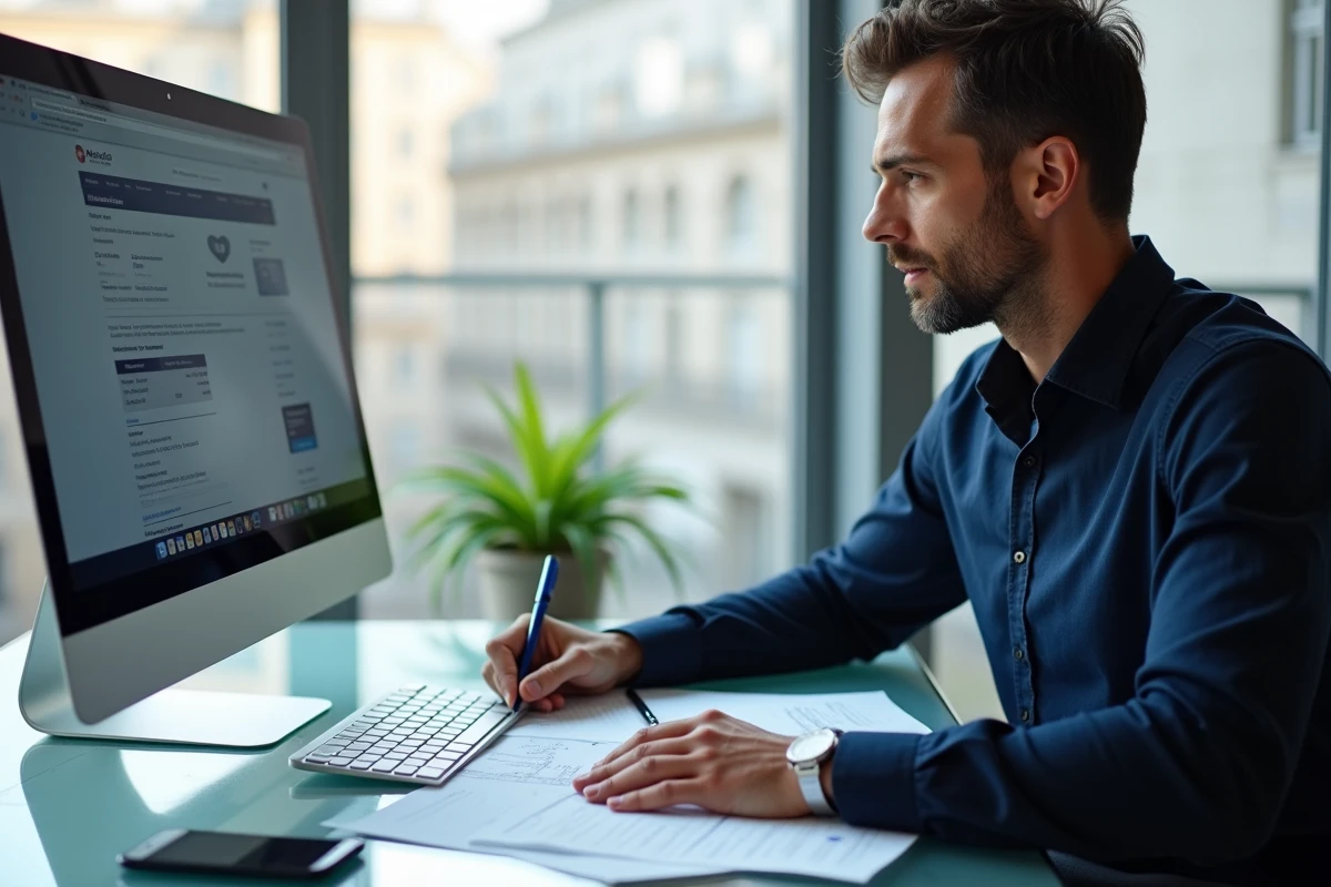 Homme consultant des documents fiscaux et une plateforme en ligne pour remplir la case 7DB de sa déclaration d'impôts