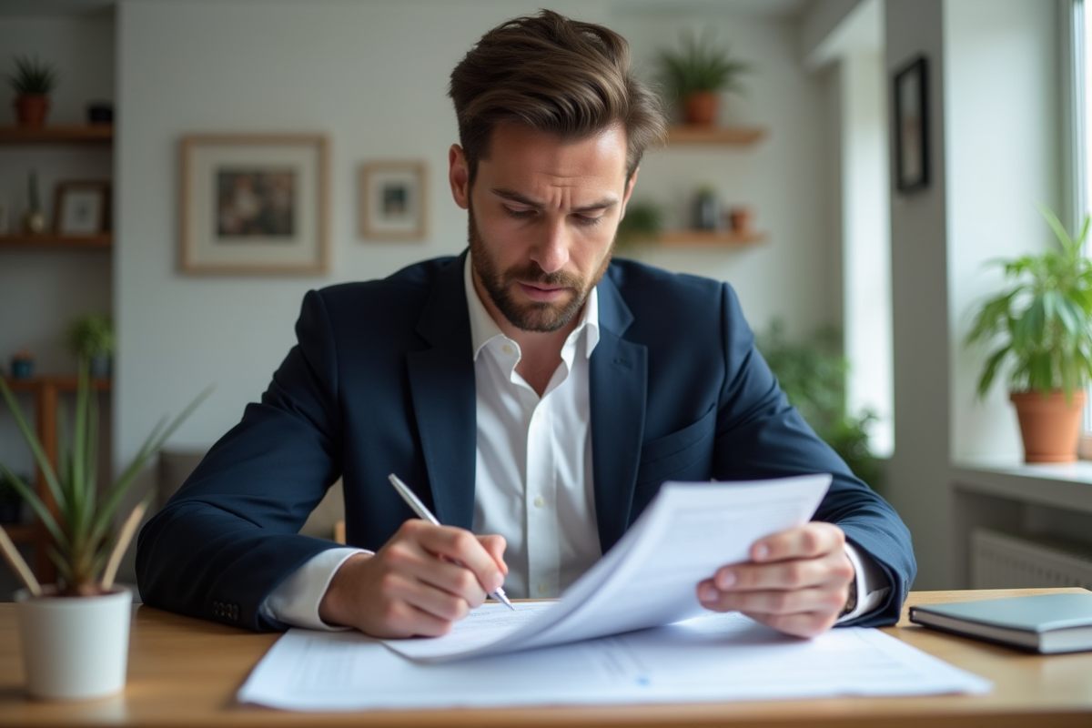 Homme en costume bleu examinant des documents financiers
