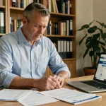 Homme consultant le formulaire 2041-DPTF-SD pour réduire sa taxe foncière à son bureau à domicile