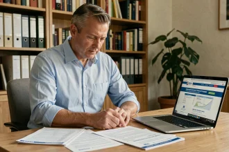 Homme consultant le formulaire 2041-DPTF-SD pour réduire sa taxe foncière à son bureau à domicile