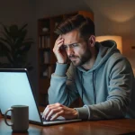 Homme frustré devant un écran d'ordinateur affichant une erreur d'espace client indisponible