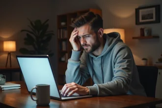 Homme frustré devant un écran d'ordinateur affichant une erreur d'espace client indisponible