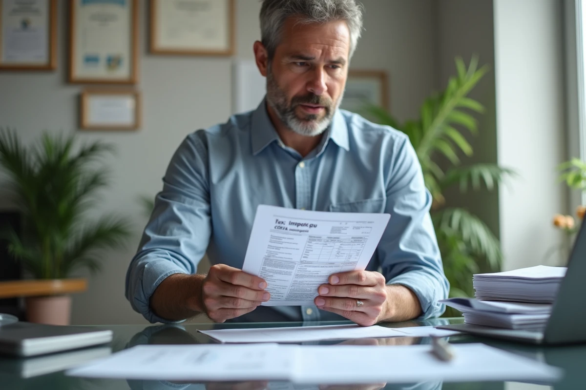 Homme vérifiant un formulaire CERFA avec tablette dans un espace de travail