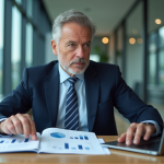 Homme d'affaires en costume analysant un portefeuille