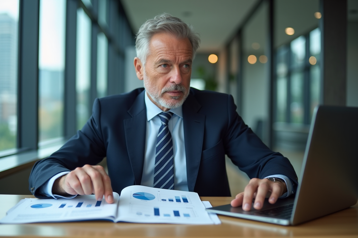 Homme d'affaires en costume analysant un portefeuille