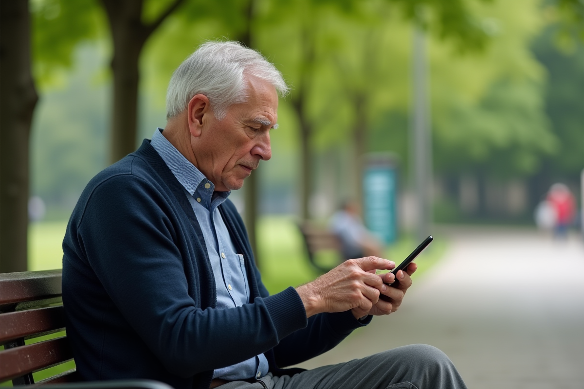 Homme âgé utilisant son smartphone dans un parc urbain