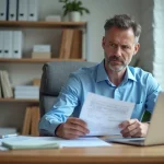 Homme d'âge moyen examinant ses relevés bancaires à son bureau