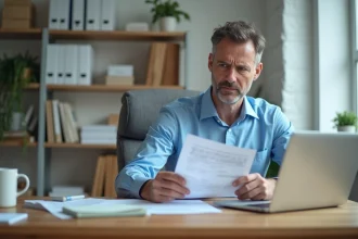 Homme d'âge moyen examinant ses relevés bancaires à son bureau