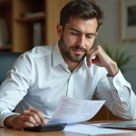 Jeune homme examine sa fiche de paie à son bureau