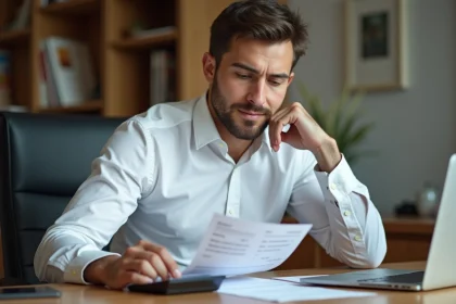 Jeune homme examine sa fiche de paie à son bureau
