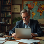 Homme d'affaires regardant un vieux laptop avec pièce de bitcoin