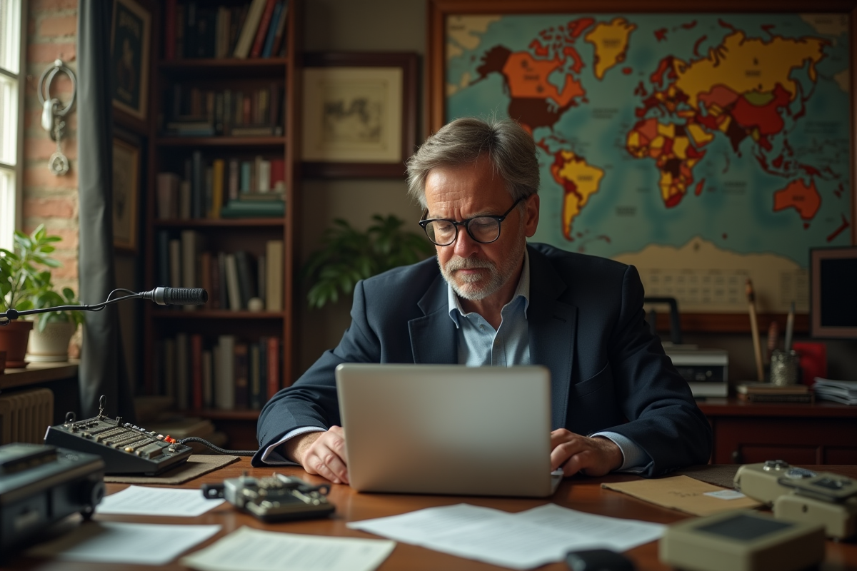 Homme d'affaires regardant un vieux laptop avec pièce de bitcoin