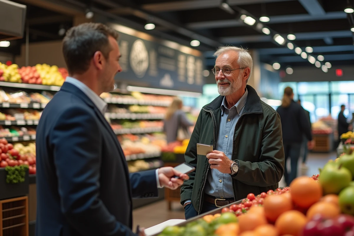 Homme français payant avec carte au supermarche