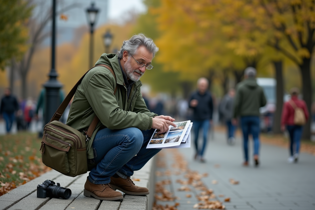 Homme triant des impressions photo dans un parc urbain