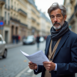 Homme d'affaires avec documents fiscaux devant voiture électrique à Paris