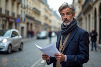 Homme d'affaires avec documents fiscaux devant voiture électrique à Paris