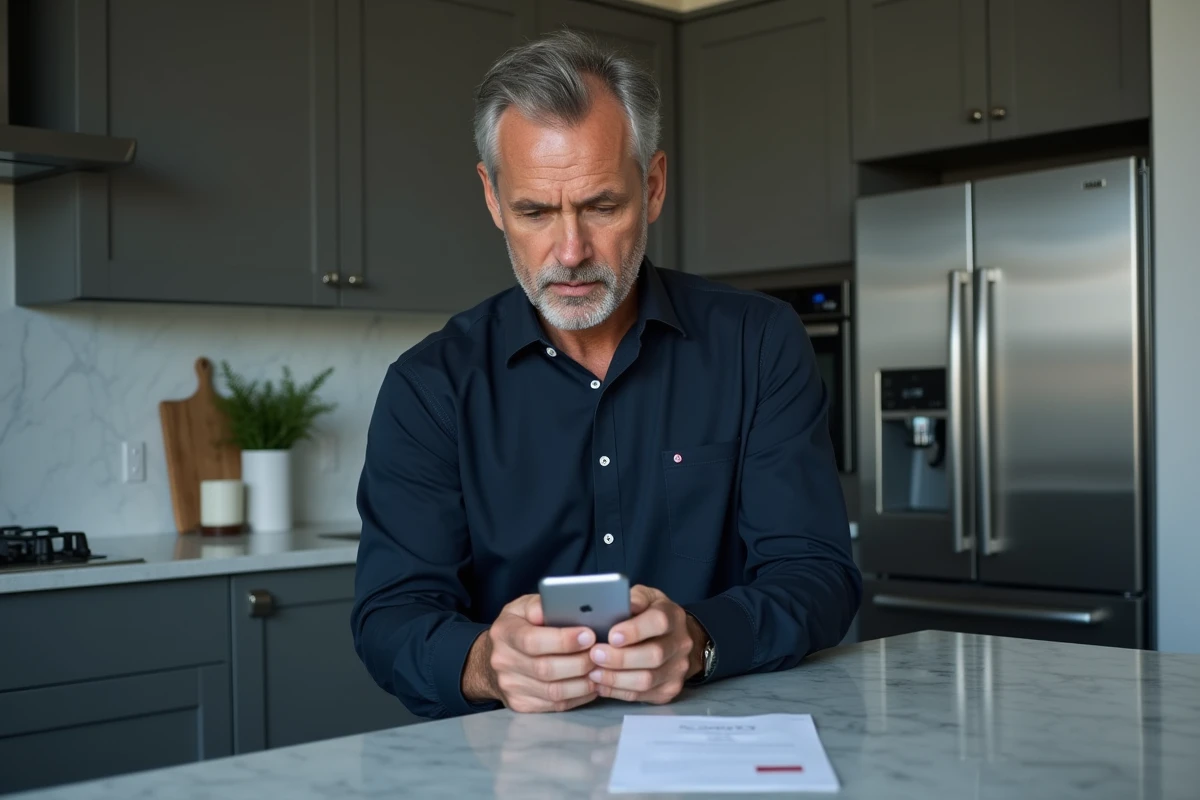 Homme cherchant à récupérer l'accès à son espace abonné Free depuis son smartphone dans sa cuisine