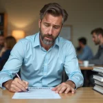 Homme d'une quarantaine d'années relisant attentivement un contrat de travail dans un bureau moderne, stylo en main, expression concentrée