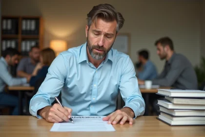 Homme d'une quarantaine d'années relisant attentivement un contrat de travail dans un bureau moderne, stylo en main, expression concentrée