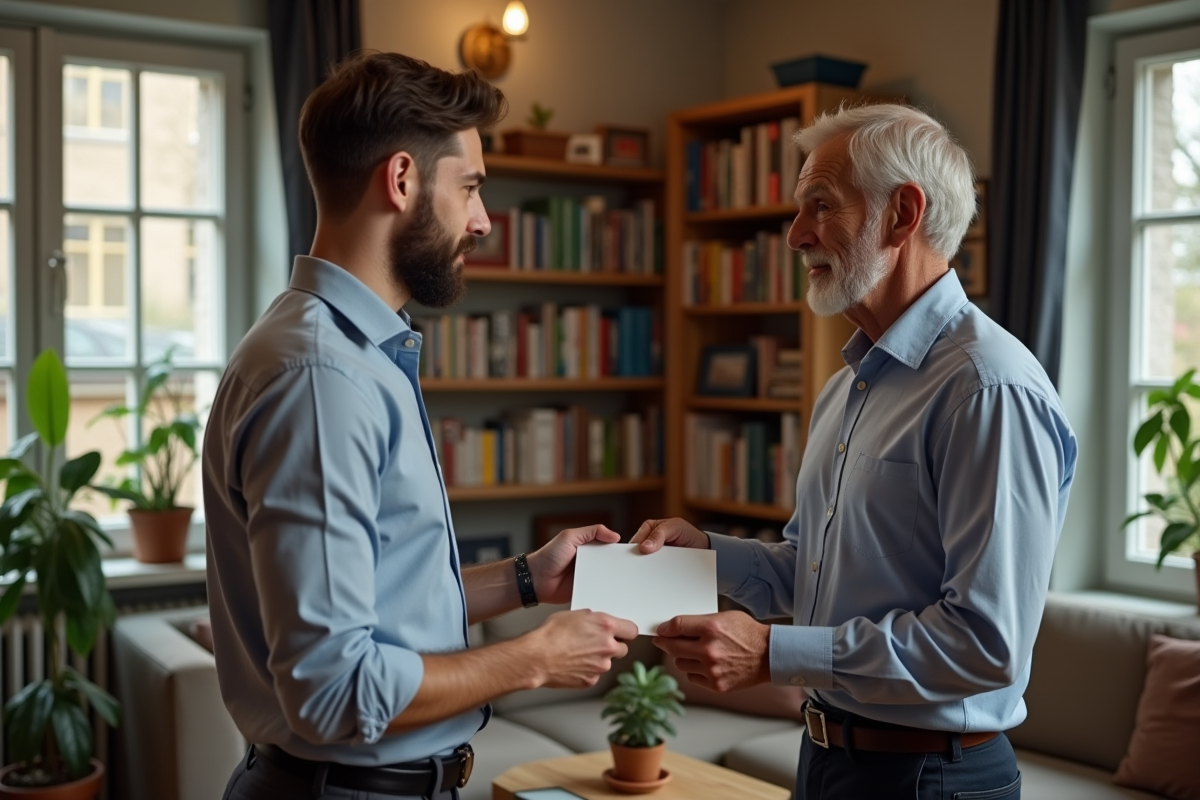 Homme remettant une enveloppe à un homme dans un salon cosy
