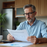 Homme d'âge moyen examine ses papiers de retraite à la maison