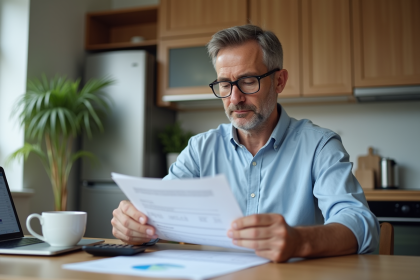 Homme d'âge moyen examine ses papiers de retraite à la maison