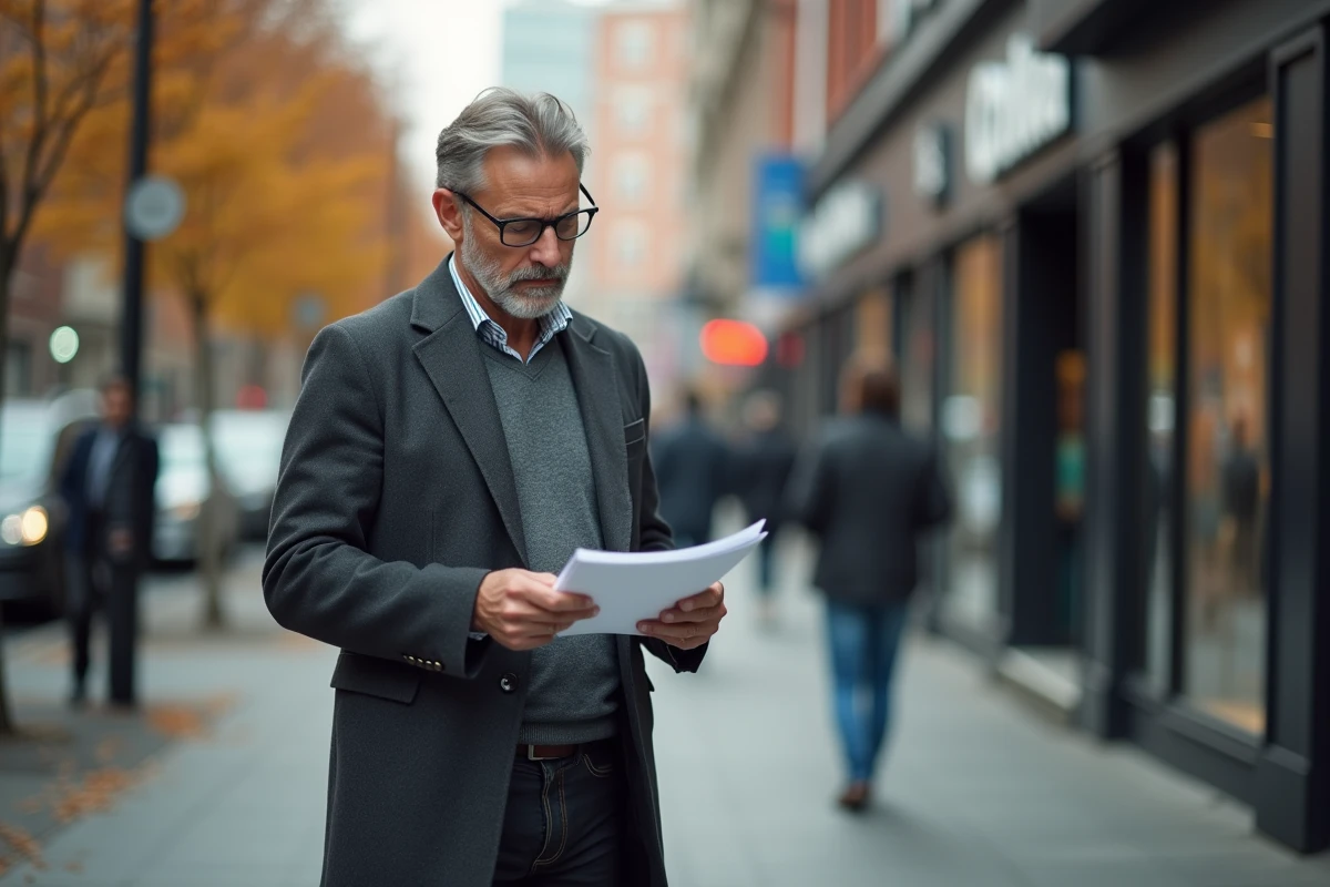 Homme d'âge mûr debout dans une rue en ville, consultant des documents liés à son contrat de travail et à ses droits au chômage, expression pensive