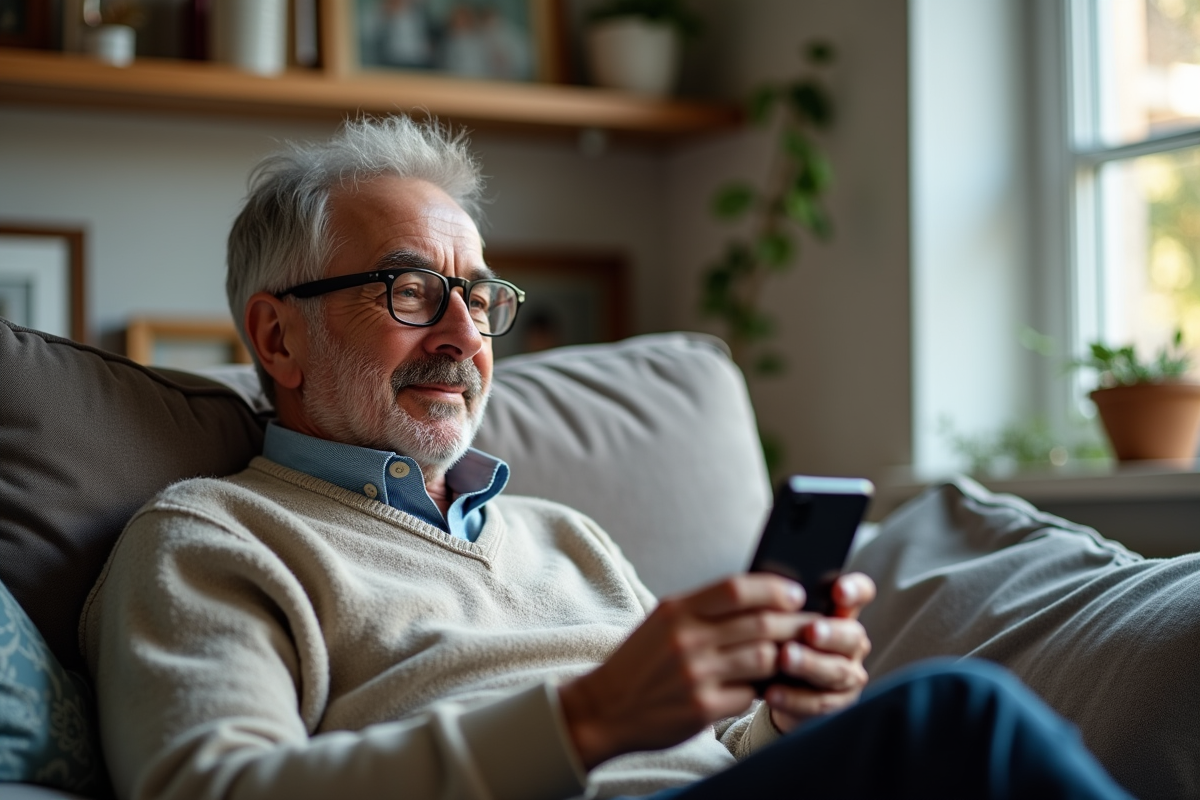 Homme âgé tenant un smartphone avec une application de retraite