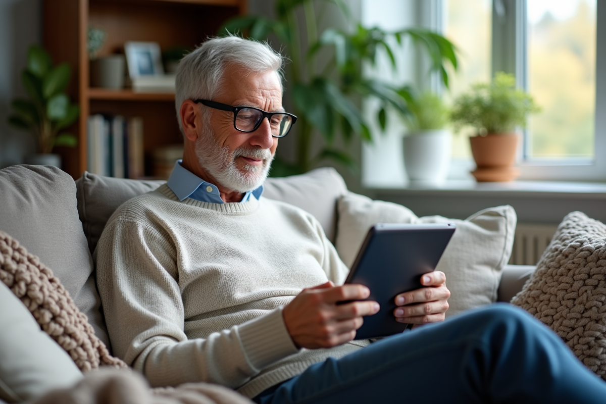 Homme âgé utilisant une tablette dans un salon cosy