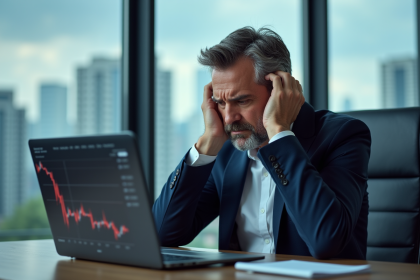 Homme d'affaires stressé regardant un graphique boursier en baisse