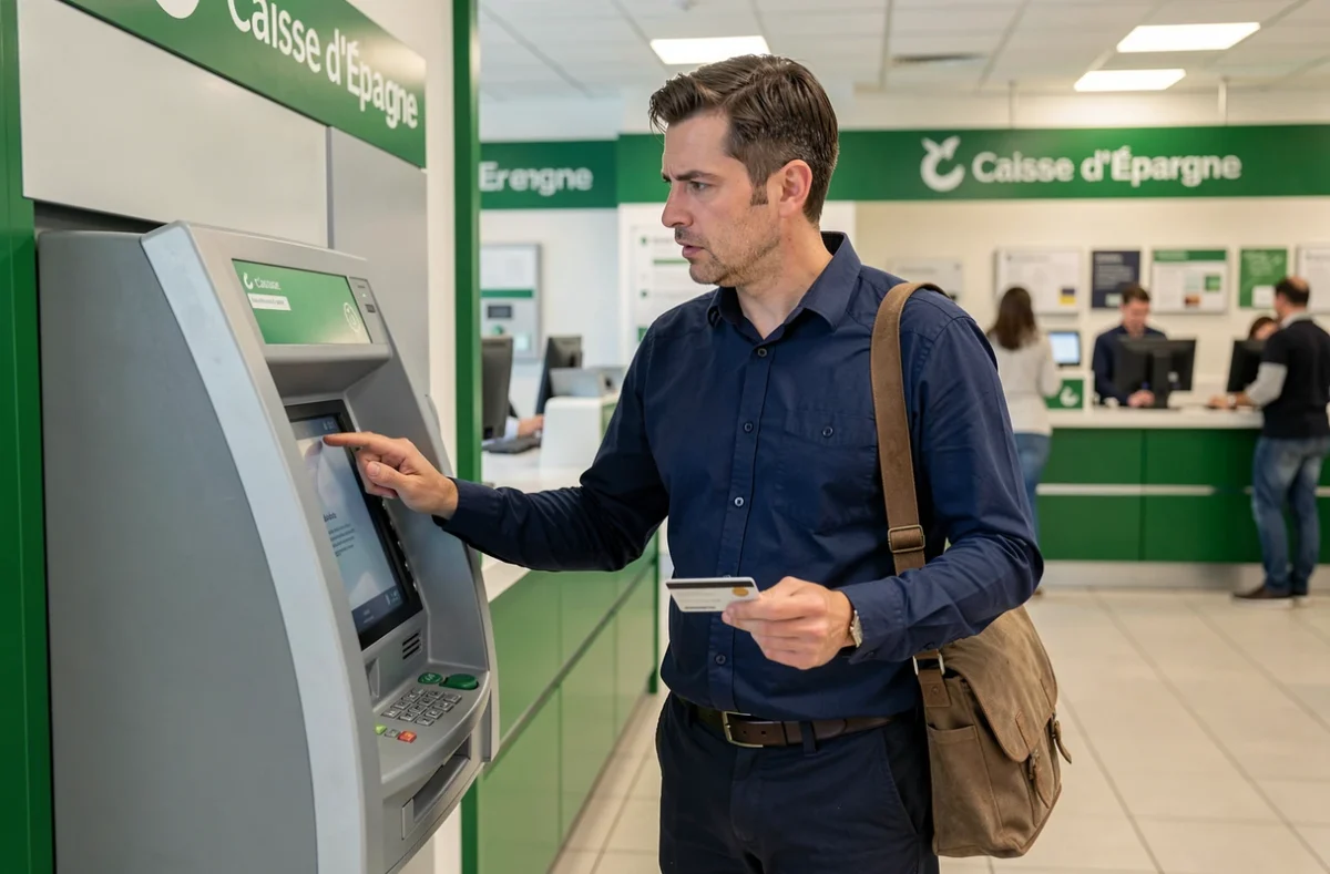 Homme perplexe devant un terminal bancaire Caisse d'Épargne après un échec de virement instantané