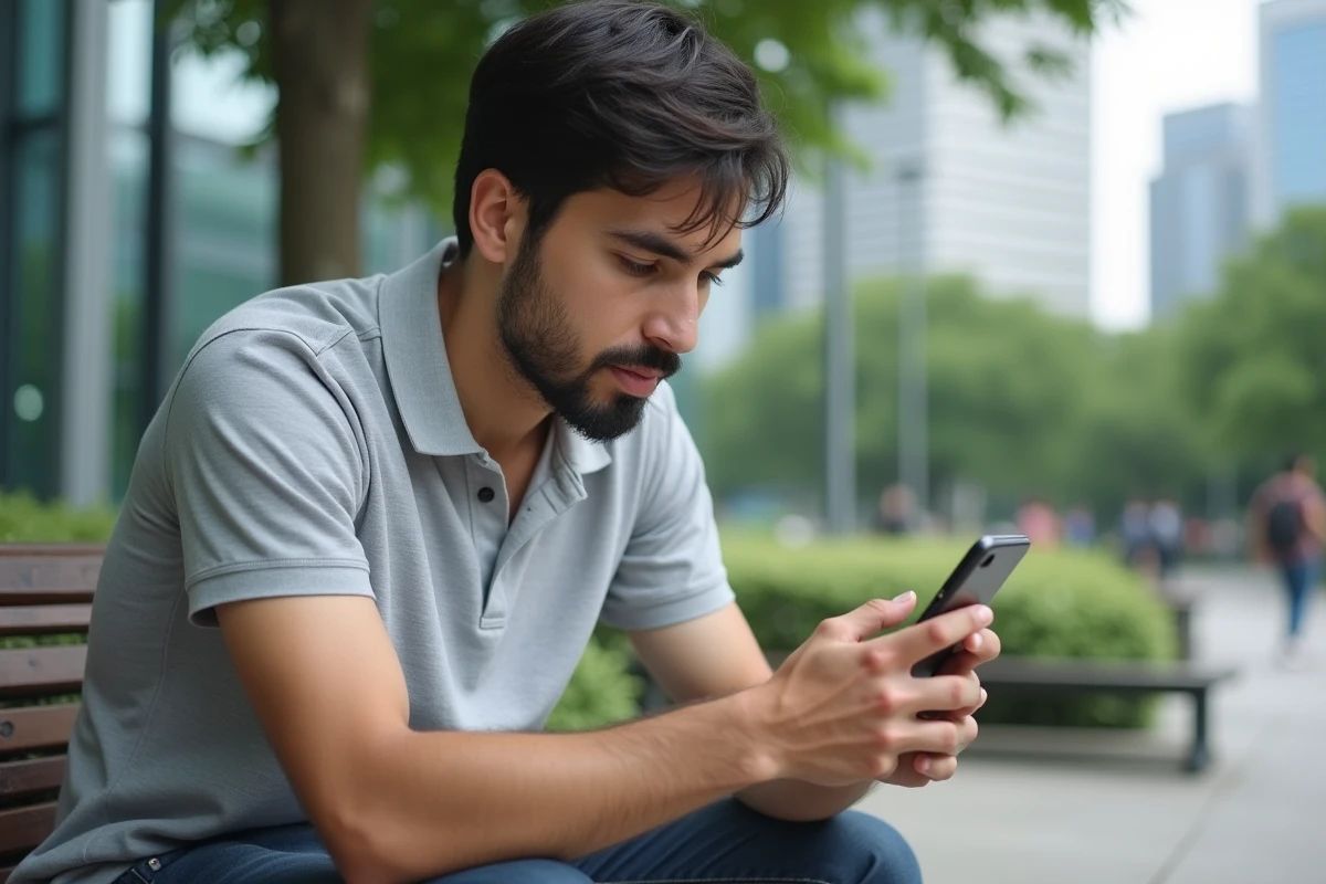 Homme configure son espace CA35 sur smartphone dans un parc urbain
