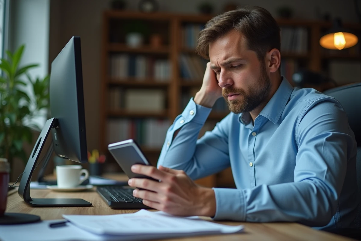 Homme en télétravail vérifiant une erreur de facturation Free sur son smartphone depuis son bureau