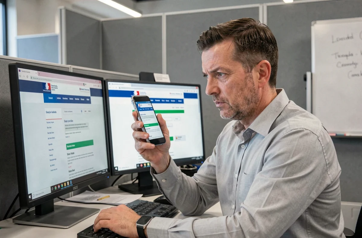 Homme comparant des informations sur ordinateur pour identifier une arnaque aux créances publiques