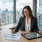 Femme professionnelle analysant des documents d'investissement immobilier et des graphiques de fonds sur une tablette dans un bureau moderne avec vue sur la ville