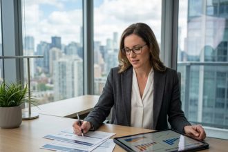 Femme professionnelle analysant des documents d'investissement immobilier et des graphiques de fonds sur une tablette dans un bureau moderne avec vue sur la ville