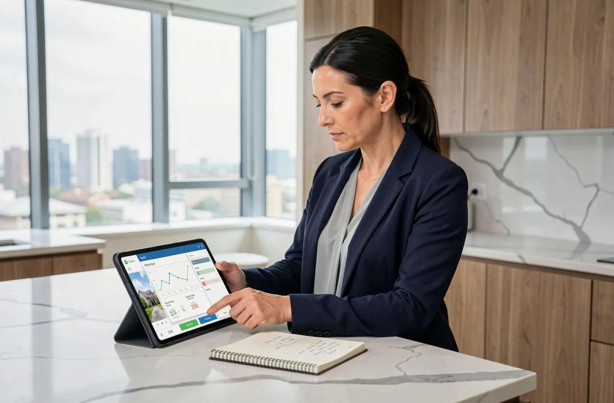 Femme investisseuse immobilière analysant la rentabilité locative sur une tablette dans une cuisine moderne