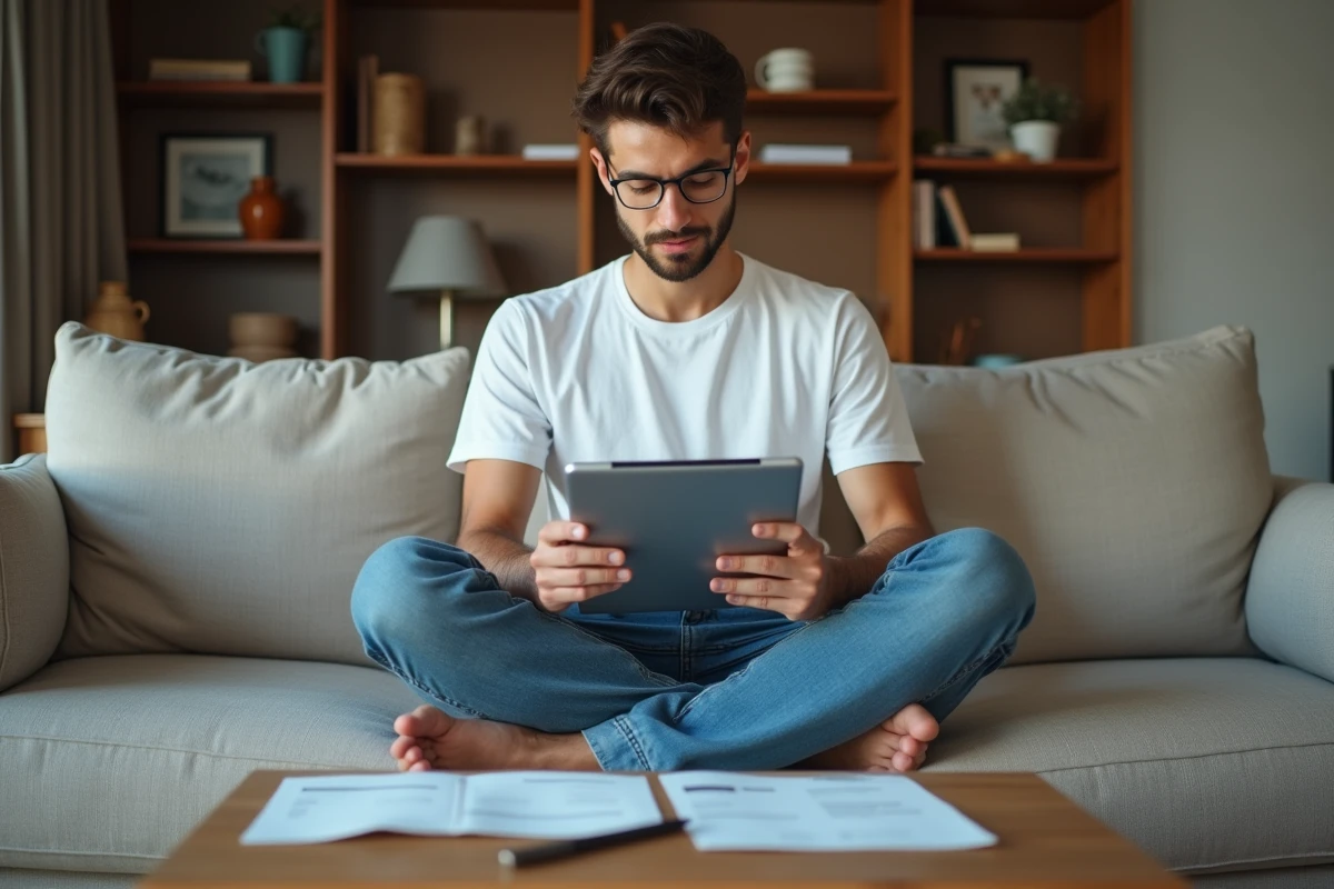 Jeune adulte récupérant l'accès à sa facture Free sur une tablette depuis son salon avec une facture papier sur la table