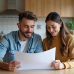 Jeune couple regardant des papiers dans la cuisine lumineuse