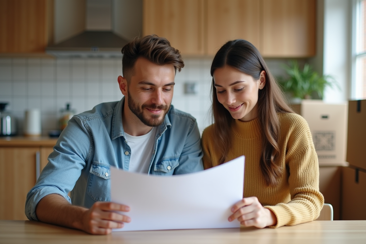 Jeune couple regardant des papiers dans la cuisine lumineuse