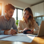 Jeune couple discutant de prêt immobilier à la maison