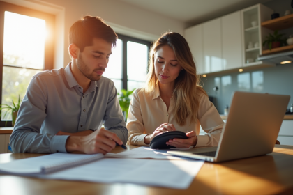 Jeune couple discutant de prêt immobilier à la maison