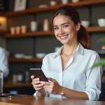 Jeune femme café tenant smartphone avec paiement crypto