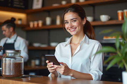 Jeune femme café tenant smartphone avec paiement crypto