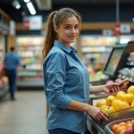 Jeune femme à la caisse d'un supermarché allemand